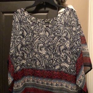 Navy blue, white & red sheer blouse